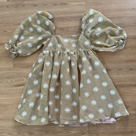 Storia Womens Puff Sleeve Amelia Mini Dress S Tan Floral Spring Babydoll Easter - Picture 2 of 8